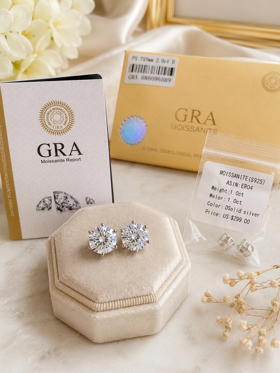 925 Sterling Silver Jewelry - GRA Certified 2.0 CTW Moissanite Stud Earrings | 925 Sterling Silver | Brilliant